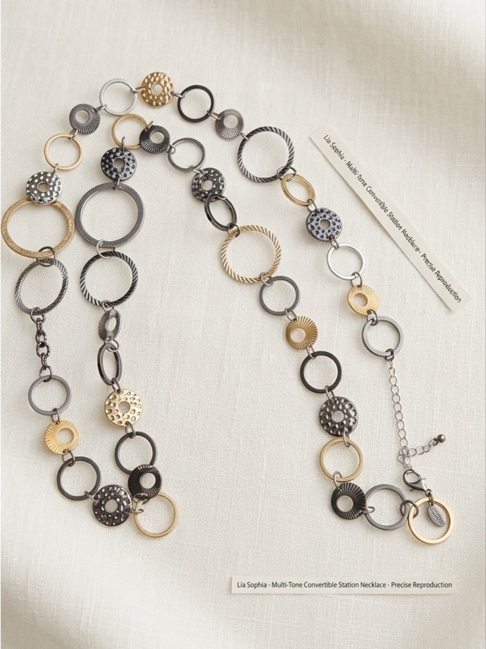 Lia Sophia Tri Tone Metal Circle Ring Long Station Necklace Convertible